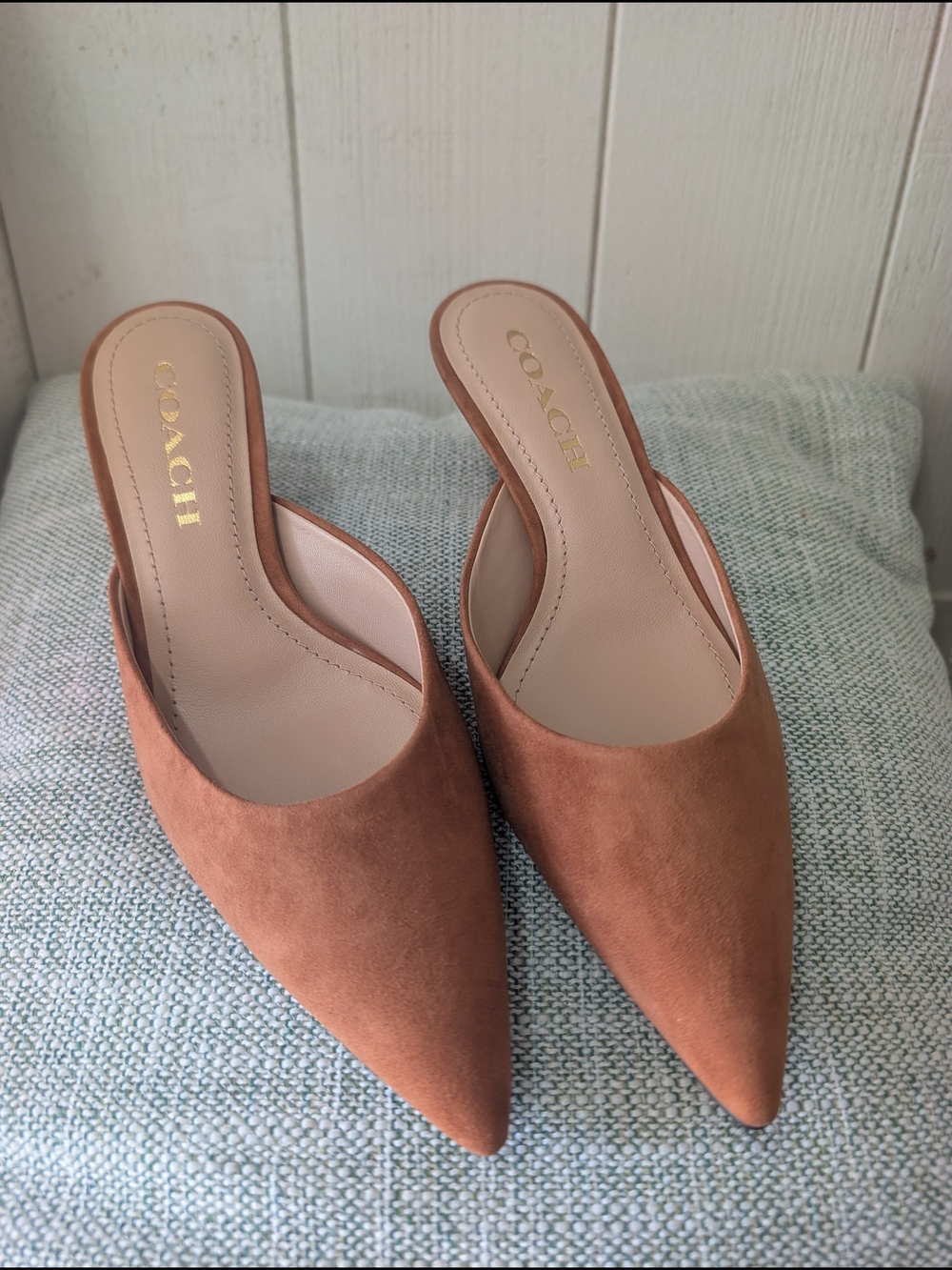 COACH Women's Pointed-Toe Mule Heels in Tan Suede - Picture 9 of 12